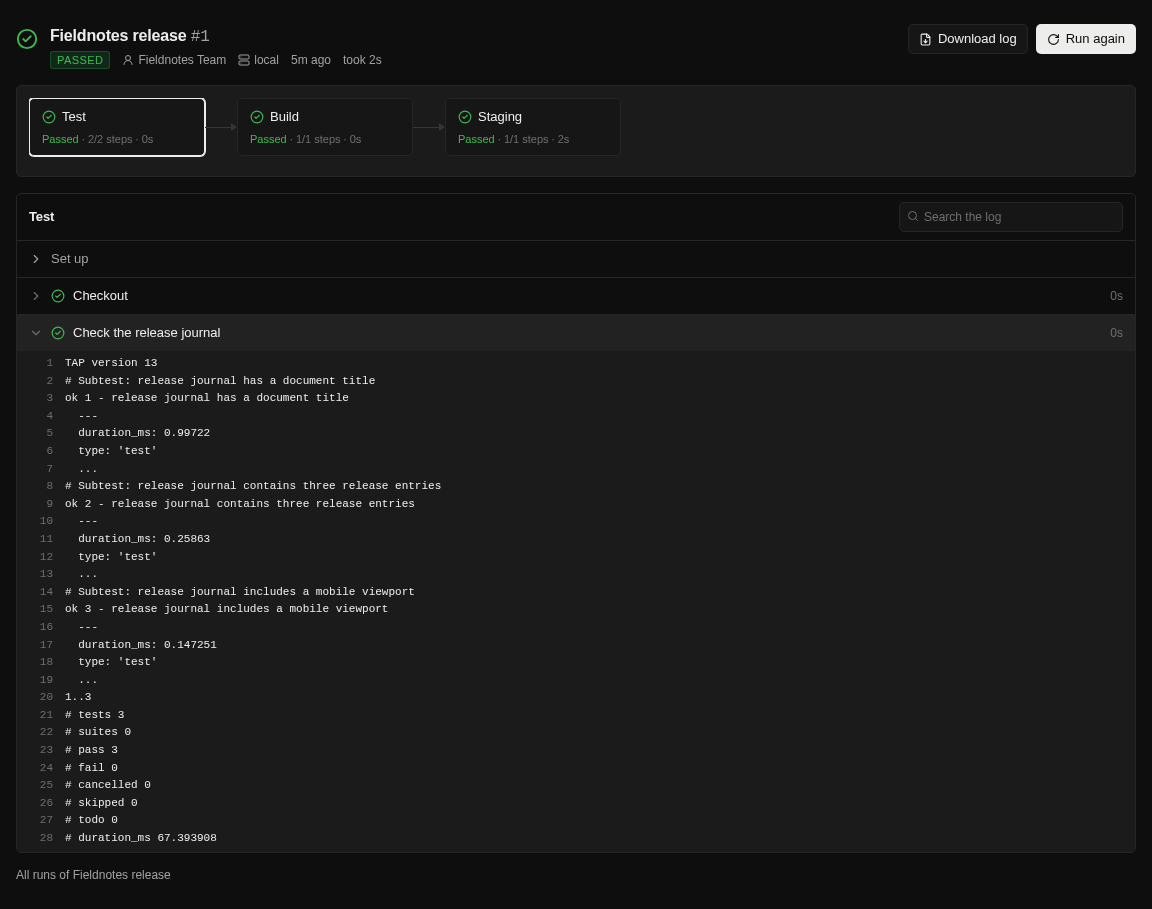 A real pipeline run showing passed Get, Build and Deploy stages and deployment logs
