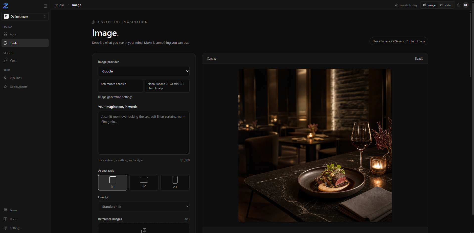 Zelyq image generation studio with prompt settings and a generated artwork